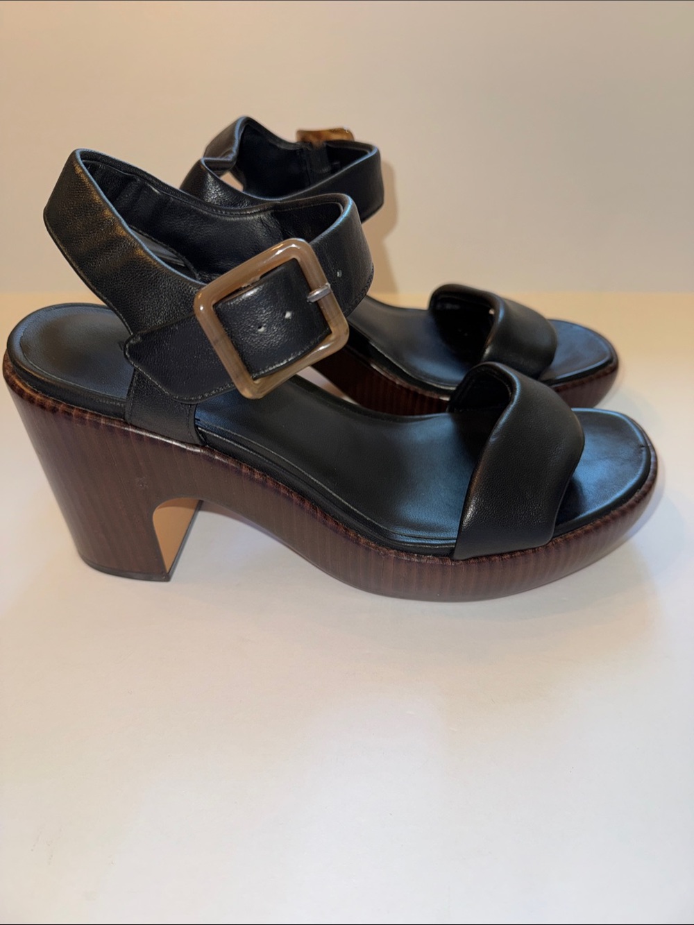 Vince Black Leather Platform Ankle-Strap Sandals with Wood-Effect Heel